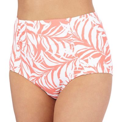 Coral leaf print high-waisted bikini bottoms